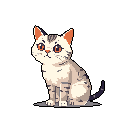 This pixel art piece features an adorable kitten sitting upright and gazing back with curious, bright orange eyes. Rendered in soft, neutral tones with pops of warm color, the simple design evokes a sense of peace and charm.