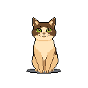 This pixel art depicts a serene tabby cat with bright green eyes, seated calmly against a black void. The detailed artwork captures the cat's quiet presence in muted, naturalistic colors.