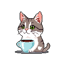 This pixel art depicts an adorable tabby cat curiously interacting with a large cup of dark liquid. With its paws on the rim and a gentle gaze, the cat creates a charming and whimsical moment.