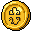 This pixel art showcases a gleaming golden coin, reminiscent of classic video game rewards. The coin features a stylized, dark brown clover-like symbol and is rendered with a warm, inviting metallic sheen. Its simple design and pixelated style evoke a sense of nostalgia.