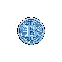 This pixel art image showcases a detailed Bitcoin coin rendered in cool blue tones against a stark black background. The minimalist design highlights the iconic "B" symbol and intricate digital circuitry patterns.