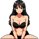 This pixel art image features a woman with flowing black hair, smiling gently in minimal attire. The suggestive yet retro aesthetic is emphasized by the intimate pose and contrasting colors.