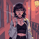 This pixel art portrait captures a cool and confident woman with a hint of rebellion, gazing directly at the viewer as she holds a lit cigarette. Her edgy style and direct gaze create an intimate yet unyielding mood.