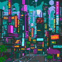 A vibrant pixel art image captures a dense, cyberpunk city street at night, dominated by towering buildings ablaze with neon lights. The scene evokes a sense of overwhelming urban sprawl and energetic commercialism, with a touch of tropical flair from stylized palm trees.