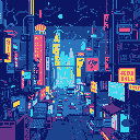 This pixel art depicts a bustling, neon-drenched cityscape at night, its vibrant lights creating a futuristic and energetic atmosphere. The glowing signs and towering buildings evoke a sense of urban sprawl and constant activity.