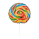 A vibrant, spiraled lollipop bursts with cheerful colors, its red, blue, yellow, and green bands creating a playful, nostalgic treat. The minimalist pixel art focuses on the sweet subject against a stark black background, evoking childhood joy.