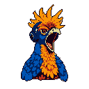 A vibrant pixel art rooster or fantastical bird shouts fiercely against a black void. The creature's bold blue and orange plumage and intense stare create a captivating and energetic portrait.