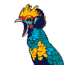 This pixel art depicts a vibrantly colored rooster, caught mid-crow against a stark black background, its bold blues, yellows, and reds creating a striking and energetic image.