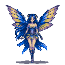 A confident, blue-and-tan winged fairy captivates with her elegant pose and enigmatic gaze in this enchanting pixel art portrait. Her intricate wings and clothing, rendered in a vibrant, mystical color scheme, evoke a sense of delicate power and grace.