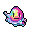 A cute, amorphous pixel creature with a friendly face floats serenely, showcasing a vibrant and psychedelic color palette within its translucent body. Its simple design and bright hues evoke a whimsical and nostalgic charm.