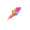 This pixel art showcases a vibrant, abstract plume of color, reminiscent of smoke or a wing, rising against a stark black background. The dynamic gradient of yellow, orange, pink, purple, and teal creates an energetic and ethereal feel.