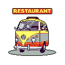 This pixel art showcases a vibrant yellow and grey VW bus turned mobile "RESTAURANT," evoking a retro and nostalgic vibe. Parked on a simple patch of ground, the stylized van suggests a unique and casual dining experience.