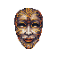 This pixel art image showcases a detailed, ornate mask with a serene expression, rendered in earthy tones and intricate patterns. The mask's design evokes a sense of mystery and cultural significance.