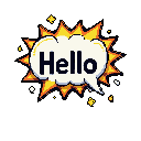 A pixelated "Hello" explodes from a white speech bubble, surrounded by a vibrant yellow and orange starburst. The high-contrast design and retro aesthetic create an energetic and welcoming greeting.