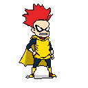 A pixel art superhero with fiery red hair and a yellow cape strikes a dynamic pose, ready for action. This bold character, set against a black backdrop, exudes energy and determination.