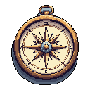 This pixel art showcases a detailed, antique pocket compass with warm, golden tones, evoking a sense of classic elegance and adventure. The intricate compass rose and subtle shading give the object depth against a stark black background.