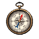 This pixel art showcases an antique pocket compass with a detailed rose and vibrant red/blue needles pointing north and south. The aged design and metallic sheen evoke a sense of classic exploration and navigation.