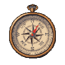 This pixel art showcases an antique pocket compass with a classic wind rose design and a striking red needle pointing North. The vintage-inspired color palette and simple composition evoke a sense of exploration and timeless utility.