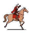 A lone, pixelated warrior clad in brown and red rides a tan horse in a dynamic gallop, arm raised in a commanding gesture. The simple color palette evokes a sense of historical or fantasy adventure.