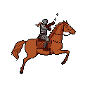 A pixel art knight in shining armor gallops forward on a chestnut horse, his hand releasing magical sparks. The dynamic pose and contrasting colors against the black background create a sense of medieval action and energy.