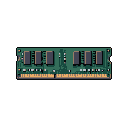 This pixel art piece showcases a detailed RAM stick, rendered in muted, realistic tones, evoking a nostalgic vibe of retro computer hardware. The golden contacts provide a striking contrast to the dark teal circuit board and slate blue memory modules. It's a clean and functional representation of an essential tech component.