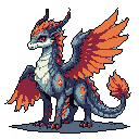 A majestic pixel art dragon with fiery orange accents stands poised, its intense gaze and detailed design evoking a sense of powerful elegance. The creature's striking, feathered wings and spiky crests add to its mystical and captivating presence.
