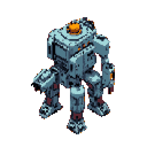This pixel art showcases a robust, light gray mech with orange and red-brown accents, standing firm with weapon mounts on its arms. Its design, rendered in a classic pixel art style, evokes a sense of retro gaming and industrial strength against an earthy brown backdrop.
