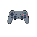 This pixel art showcases a classic gray PlayStation controller, rendered in a nostalgic, 8-bit style. The iconic design is highlighted by pops of red, green, blue, and gray on the face buttons, set against a stark black background.