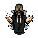 A figure in a dark suit and gas mask reaches out with outstretched hands, its face obscured, radiating an unsettling and ambiguous aura. The stark pixel art style contrasts with the ominous, dystopian vibe of the masked figure.