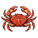 A detailed pixel art crab, rendered in warm orange and reddish-brown tones, faces the viewer with raised claws. Set against a stark black background, the image highlights the crustacean's textured form in a focused, almost anatomical style.
