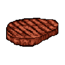A pixelated steak, rendered in earthy browns and reds, takes center stage in this simple, top-down view. Grill marks and subtle color variations bring a touch of realism to the low-resolution art.