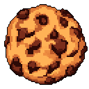 This pixel art showcases a delicious chocolate chip cookie, rendered in warm browns with charmingly retro detail. The focus is entirely on the cookie, highlighting its homemade texture and nostalgic appeal.