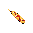This pixel art showcases a delicious-looking corn dog, complete with a generous drizzle of red sauce, rendered in vibrant, nostalgic detail against a stark black backdrop. The simple yet effective shading gives the classic snack a mouthwatering, three-dimensional feel.