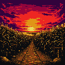 A pixel art sunset blazes over a road or railway line, leading the eye into a serene landscape painted in fiery reds, oranges, and deep purples. The scene evokes a sense of peaceful contemplation amidst the grandeur of nature.