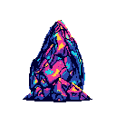 A striking pixel art image showcases a surreal, triangular rock formation with marbled swirls of vibrant blue, pink, and yellow. The otherworldly colors and sharp design give the rock a fantastical feel.