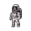 A solitary pixel art astronaut stands in the darkness, gazing forward with a mix of vulnerability and strength. The monochromatic purplish-gray palette evokes a somber, retro mood, emphasizing the isolation of space.