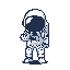 A lone pixelated astronaut stands silhouetted against the black void of space, their dark visor hinting at quiet contemplation and mystery. The stark black, white, and blue-grey palette evokes a nostalgic, minimalist sci-fi vibe.