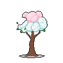 This pixel art features a whimsical tree with a fluffy, cloud-like bloom in soft white and pink, dotted with vibrant green leaves. Set against a stark black background, the stylized tree evokes a peaceful and dreamlike fantasy.