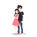 This pixel art shows a young couple, a girl in a pink dress and a boy with a backpack, standing together with neutral expressions. The soft, muted color palette and lack of background evokes a calm and intimate moment.