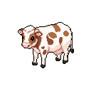 This pixel art image showcases a charming, calm cow with warm, earthy tones and a gentle expression. The simple rendering and clear outlines evoke a sense of nostalgic charm.
