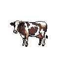 A pixelated cow, rendered in earthy browns and white, stands calmly in profile against a stark black background. The simple, yet striking image captures the essence of the bovine form in a minimalist style.
