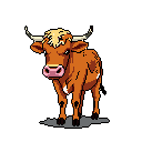 This pixel art image showcases a charming, earthy-toned cow standing alert against a stark black background. The detailed sprite, with its rich browns and golden highlights, evokes a nostalgic feel while capturing the gentle curiosity of the bovine subject.