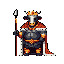A regal, pixel-art bull clad in ornate armor and crowned with jewels stands tall, exuding power and authority. This anthropomorphic bovine king holds a staff, his red and ermine-lined cape flowing behind him.