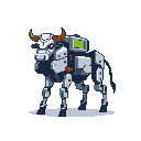 This pixel art features a robotic bull with glowing orange horns and a screen on its back, numbered "1" on its side. The mechanical creature blends nature and technology for a futuristic and slightly surreal aesthetic.