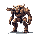A powerful, pixelated robotic bull-minotaur stands ready, armed with a shoulder-mounted cannon. The brown and grey color scheme adds to the imposing presence of this formidable mechanical creature.
