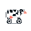 This pixel art image features a whimsical, white and black spotted cow equipped with a wheeled platform instead of legs. The simple design and limited color palette create a sense of playful absurdity.
