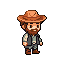 This pixel art features a charming, chibified man with a beard, dressed in earthy tones, standing against a black background. His simple yet friendly expression and rustic attire hint at an adventurous spirit.