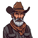 This pixel art portrait captures a stern, older cowboy in muted earthy tones, complete with a wide-brimmed hat and prominent grey beard. The close-up focuses on his rugged features, conveying a sense of experience and quiet intensity.