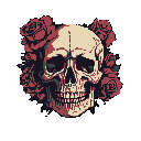 This pixel art image presents a striking juxtaposition of life and death, featuring a detailed human skull entwined with delicate roses. The desaturated color palette and stark black background enhance the melancholic, gothic vibe of this morbidly romantic composition.