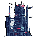 This pixel art showcases a towering, multi-tiered mega-structure, hinting at a bustling and technologically advanced, yet somewhat dystopian, future city. The cool blue and gray hues, punctuated by red accents, create a stark and futuristic aesthetic.